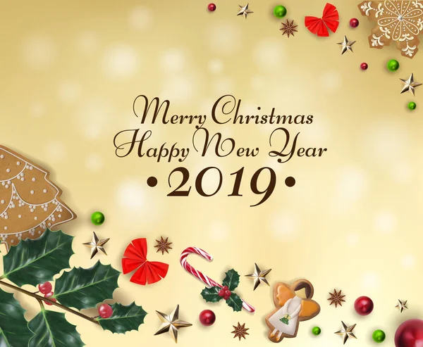 Carte Noël Nouvel Avec Éléments Festifs Pain Épice Anis Étoilé — Image vectorielle