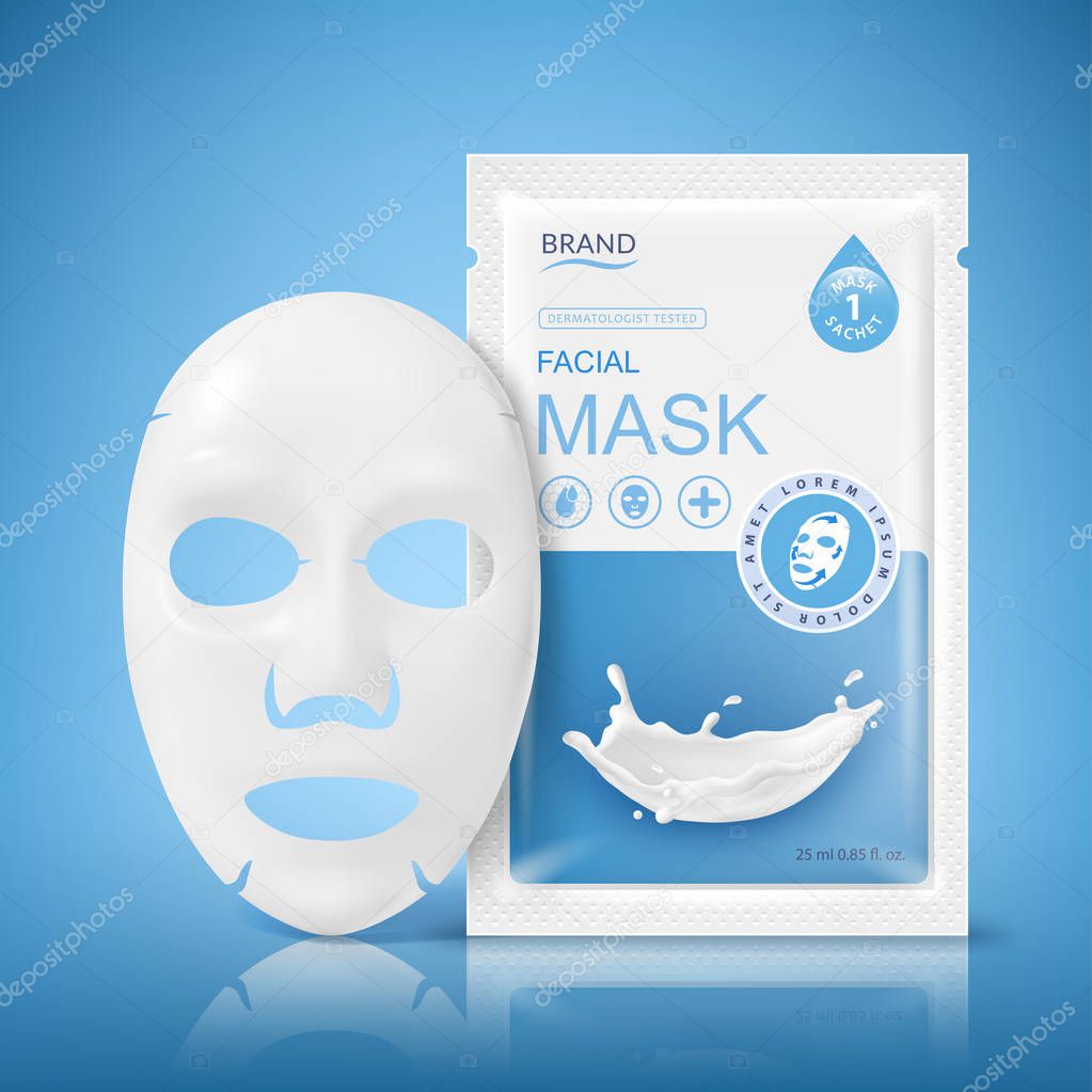Facial sheet mask sachet package. Vector realistic illustration isolated on blue background. Beauty product packaging design templates.