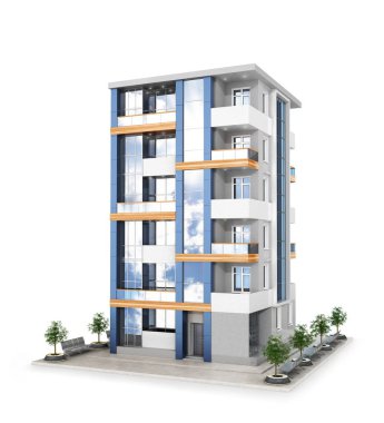 Yeni modern apartman cephe. 3D çizim