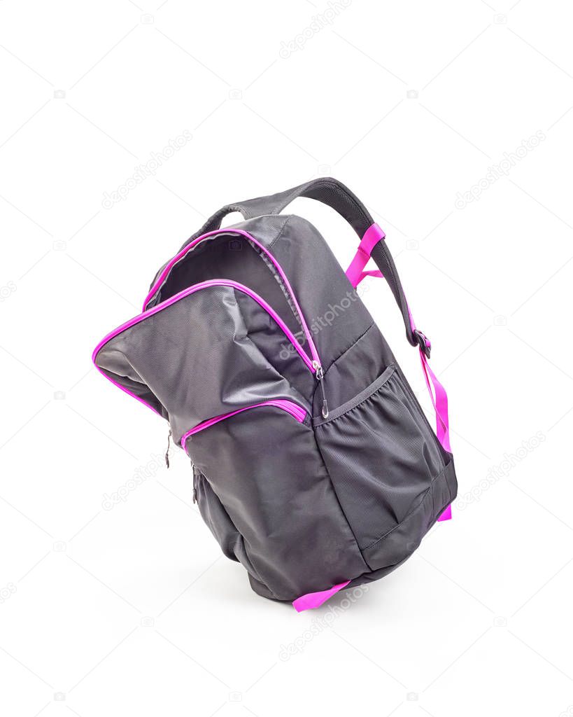 Blue backpack that is open isolated on white background