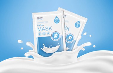 Yüz sayfa maskesi poşet paket ve soyut sıçraması. Vektör gerçekçi illüstrasyon izole mavi arka plan üzerinde. Güzellik ürün ambalaj tasarım şablonları.