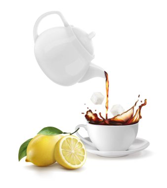 Bir demlik çay limon ile. Beyaz arka plan üzerinde vektör çizim.