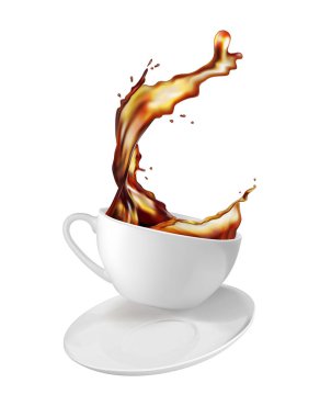 Çay hareket bir sıçrama. Beyaz Kupası ve fincan tabağı. Beyaz arka plan üzerinde vektör çizim.