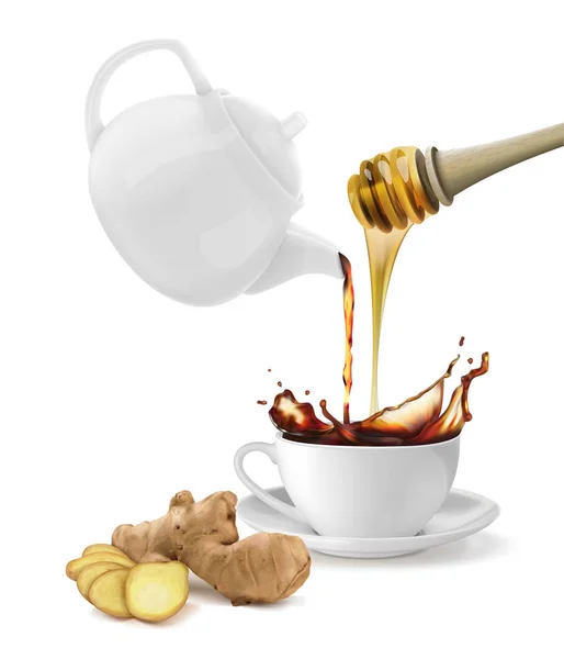 Kettle Cup Tea Addition Honey Ginger Vector Illustration White Background — Stock Vector