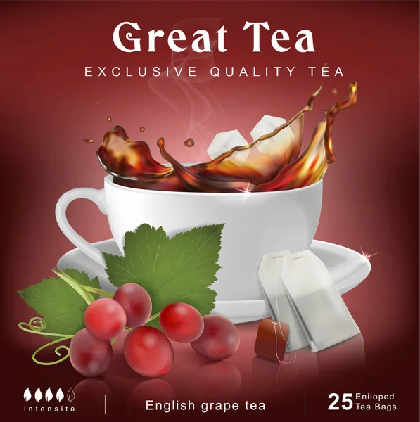 Tea Packaging Design Cup Splash Tea Bunch Grapes Vector Illustration — Stock Vector