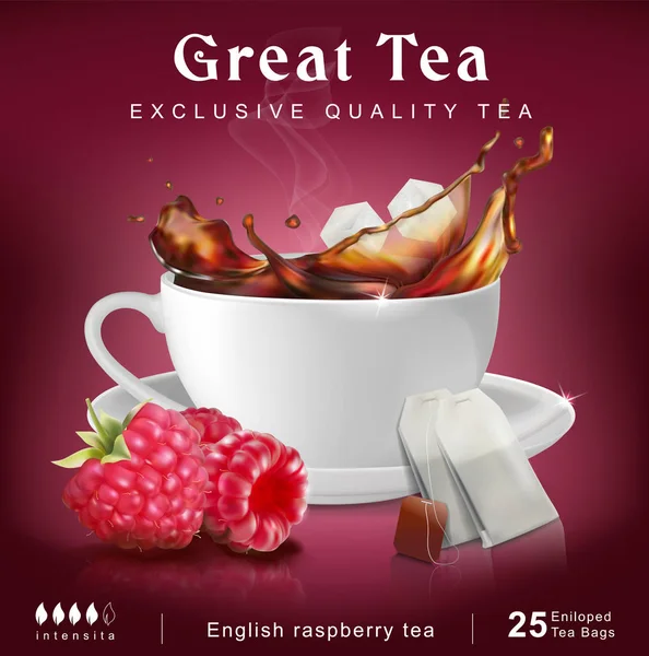 Tea Csomagolás Koncepcióját Málna Tea Vektoros Illusztráció — Stock Vector