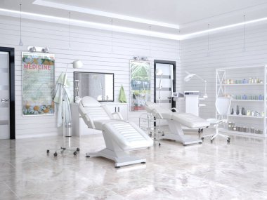 Dermatoloji ve kozmetik kliniğinde donatım Oda. 3D çizim
