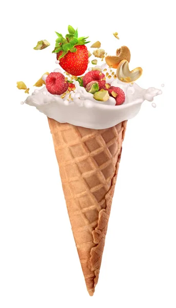 Ice Cream Splash Berries Waffle Cup — Stock Photo, Image