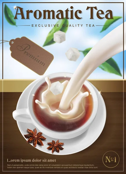 茶叶包装或海报设计理念 加牛奶杯里的茶 向量例证 — 图库矢量图片