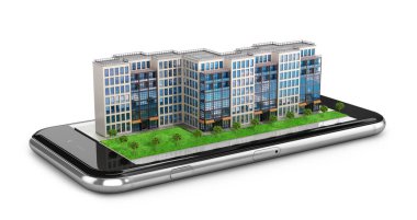 Telefonda bulunan konut binası. Smartphone. 3D çizim