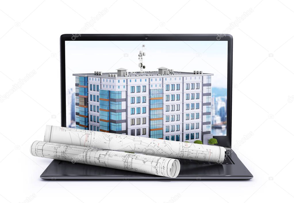 laptop, on which is located a multi-storey building and rolls with drawings. 3d illustration