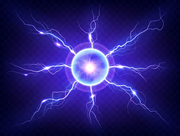 Electric Plasma Lightning Thunderball Discharge Transparent Background Realistic Vector Illustration — Stock Vector