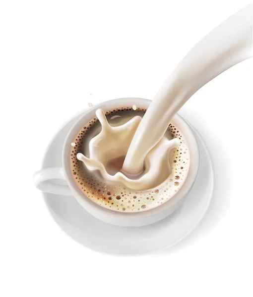 一杯のコーヒーと牛乳のスプラッシュ 白の背景にベクトル画像 — ストックベクタ
