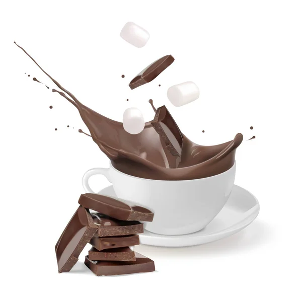 Beyaz Bir Fincan Sıcak Çikolata Çikolata Şekerleme Boyutta Fincan Içine — Stok Vektör