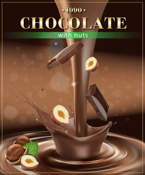 Salpicadura Chocolate Con Avellanas Trozos Chocolate Ilustración Realista Vectorial — Archivo Imágenes Vectoriales