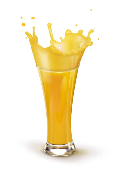 Succo Arancia Bicchiere Una Spruzzata Succo Illustrazione Vettoriale Sfondo Bianco — Vettoriale Stock