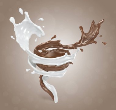 Splash süt ve çikolata. Bej renkli arka plan üzerinde gerçekçi illüstrasyon vektör.