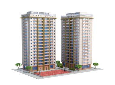 Modern yüksek katlı konut ile bir oyun alanı inşa. 3D illustratio