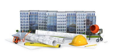 Çizim planı ve araçları ile beyaz bir arka plan üzerinde modern Avrupa konut kompleksi. 3D çizim