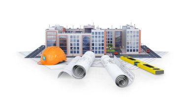 Çizim planı ve araçları ile beyaz bir arka plan üzerinde modern Avrupa konut kompleksi. 3D çizim