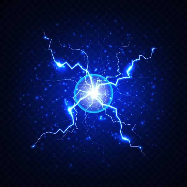 Blue Electric Flash Lightning Dark Transparent Background Realistic Vector Circle — Stock Vector