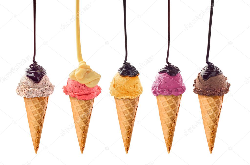 a set of different ice cream watered with chocolate
