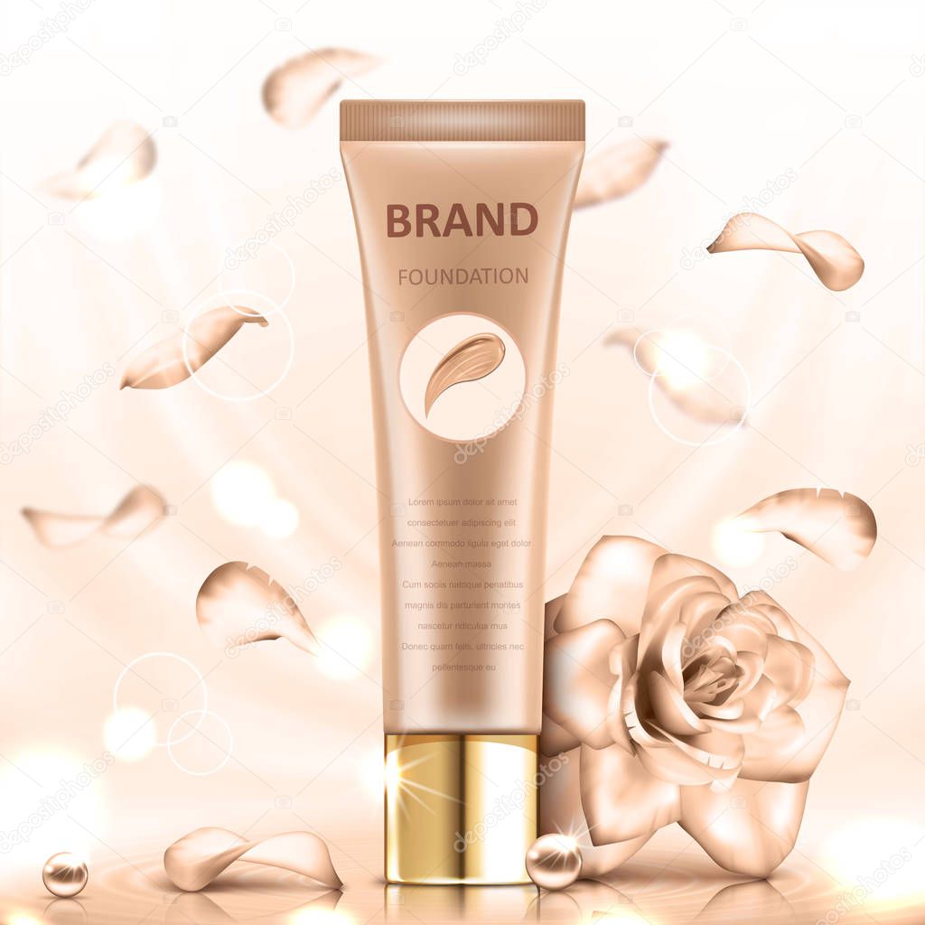 Foundation premium product. Tube on a soft beige background with a rose. Realistic vector illustration