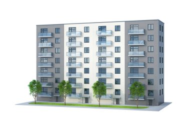 Bina. Yüksek katlı bina. Bir ağaç evi. 3D çizim