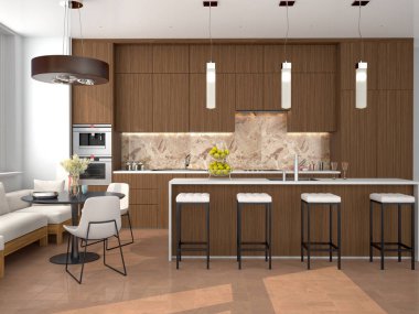 Modern kahverengi mutfak iç ada ve yemek alanı ile. 3D çizim