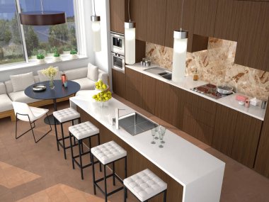 Modern kahverengi mutfak iç ada ve yemek alanı ile. 3D çizim