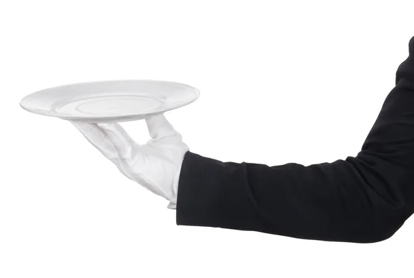 Waiter Holding Plate White Background — Stock Photo, Image