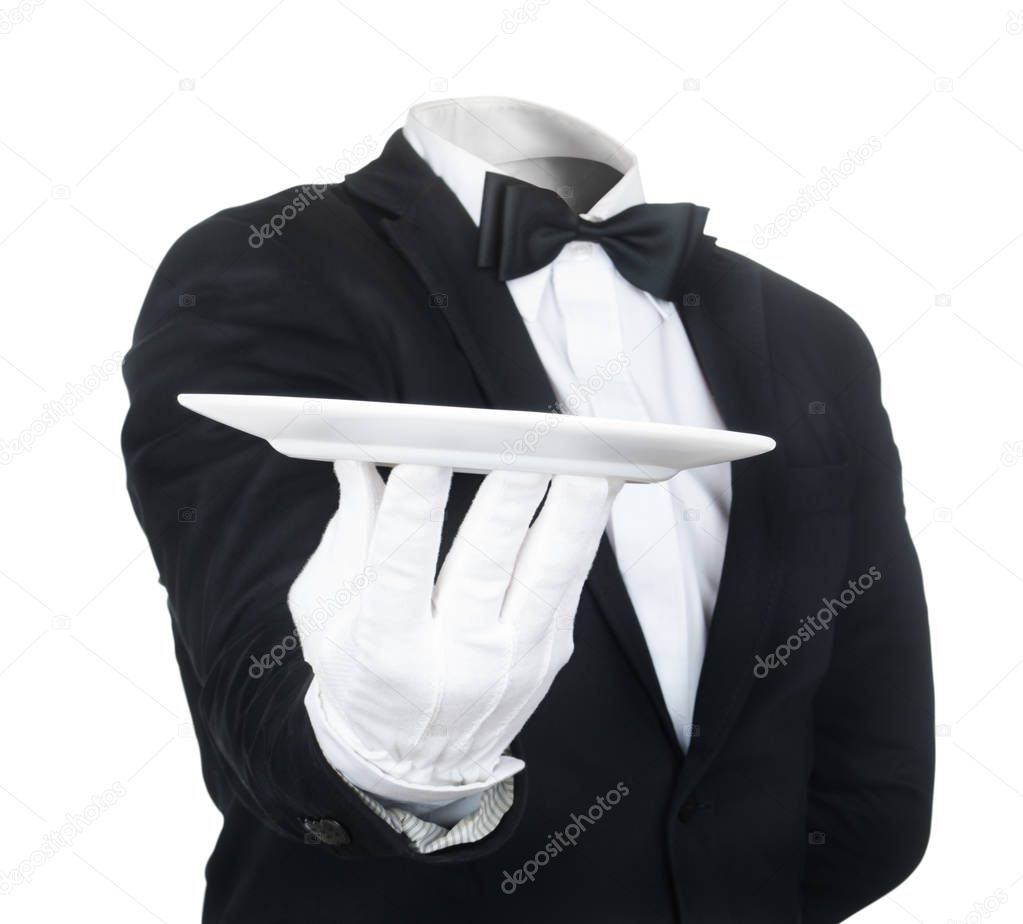 Waiter holding plate on white background