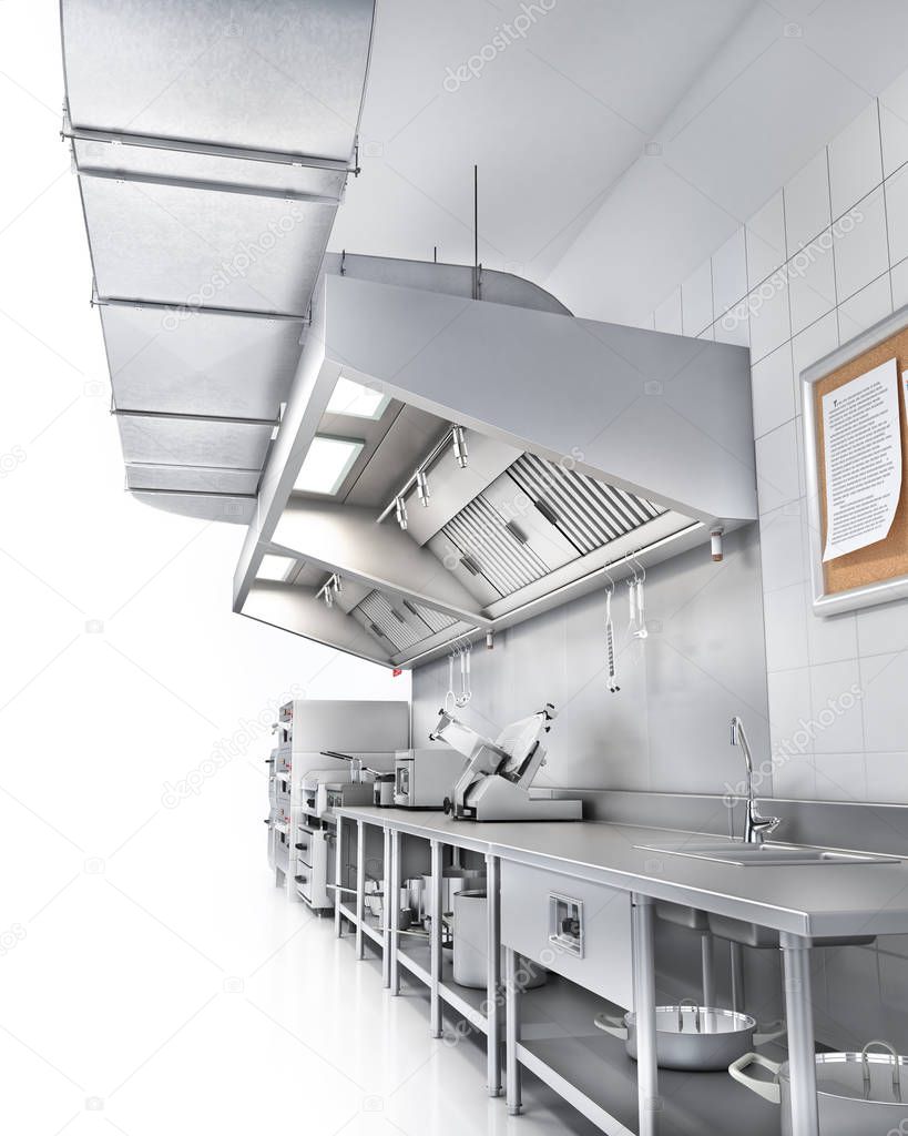 Industrial kitchen. Restaurant kitchen on a white backgrount. 3d illustration