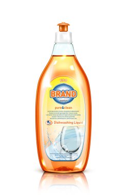 Bulaşık yıkama sıvı ürün. Plastik kap beyaz arka plan üzerinde izole etiket tasarımı ile. Gerçekçi vektör çizim
