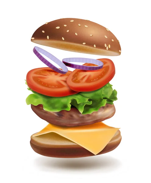 Verse Vliegende Hamburger Met Ingrediënten Posterontwerp Vector Illustratie Witte Achtergrond — Stockvector