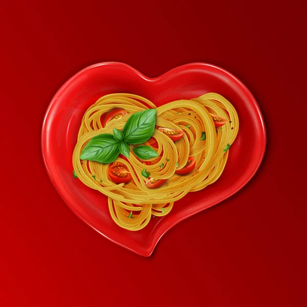Presentasi Pasta Spageti Piring Berbentuk Hati Merah Dengan Tomat Ceri - Stok Vektor
