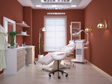 Dermatoloji ve kozmetik kliniğinde donatım iç oda. 3D çizim