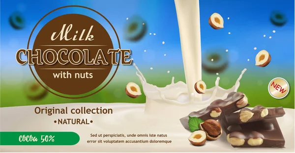 Immagine Vettoriale Pezzi Cioccolato Con Goccio Latte Pezzi Cadenti Nocciola — Vettoriale Stock