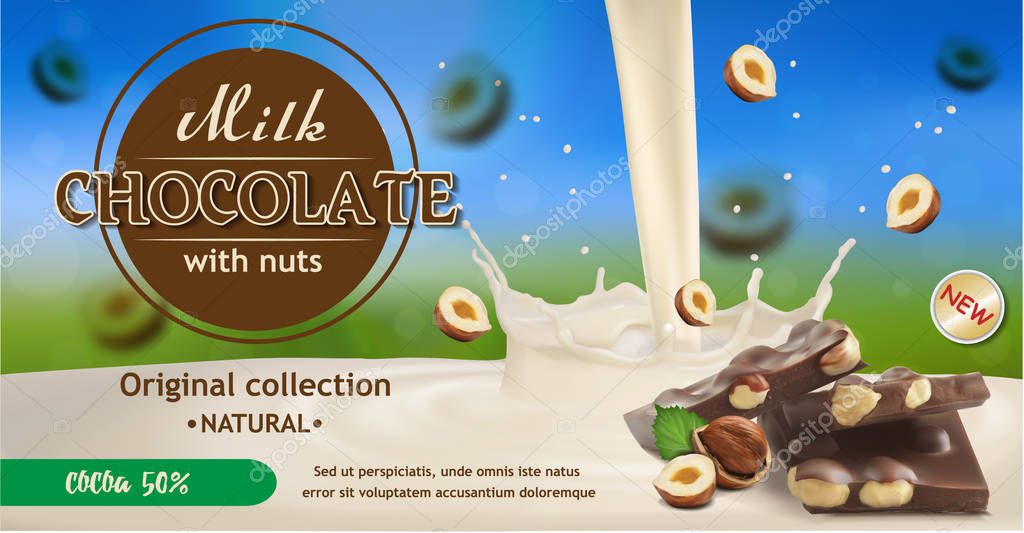 Vector image of pieces of chocolate with a splash of milk and falling pieces of hazelnut. The image is isolated on a colored background. For packaging design and brand advertising.