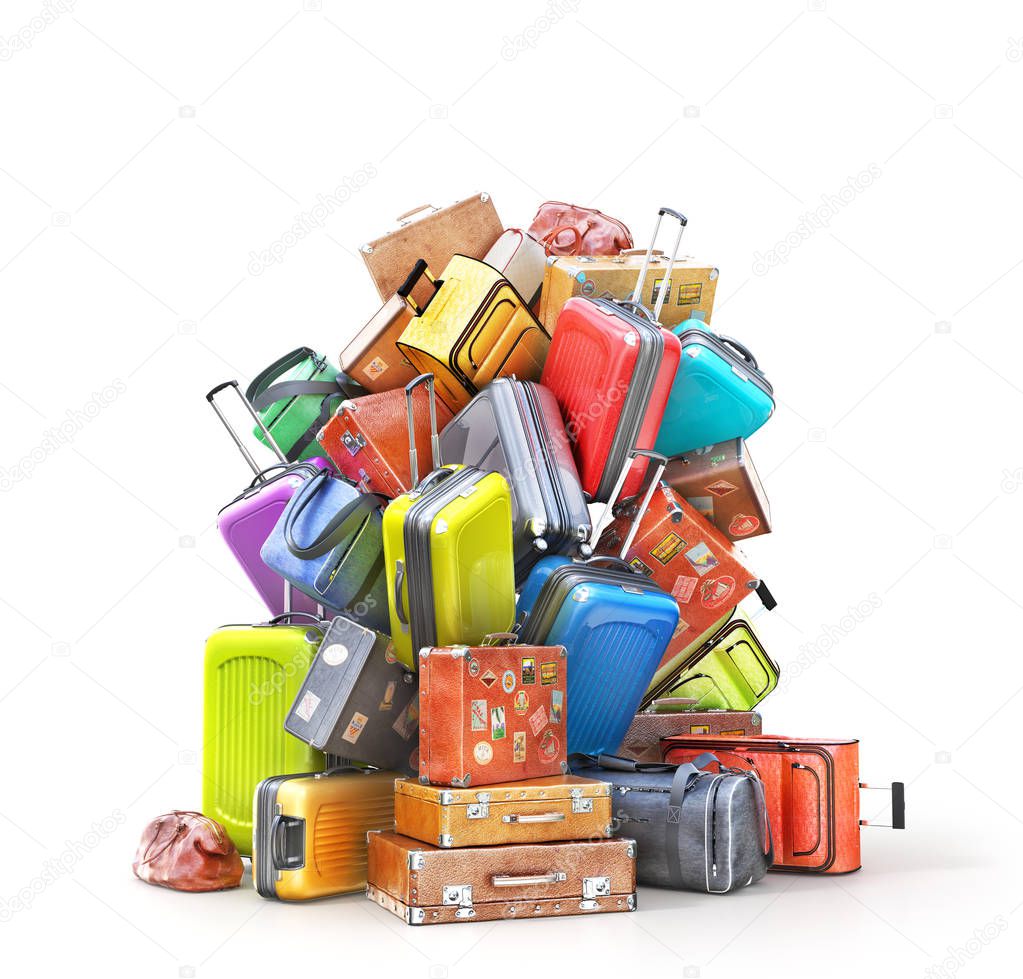 Pile of various styles of suitcases isolated on a white. 3d illustration