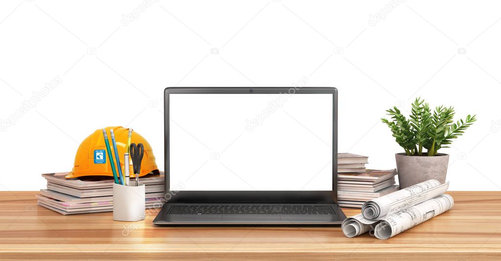  architecture. Drawing projects, helmet, books and an open notebook with a blank screen on a wooden table. Background of the construction site. 3d illustration