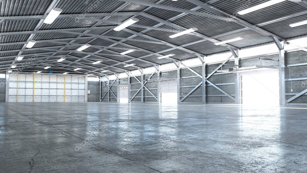 Hangar interior with opened gate. 3d illustration