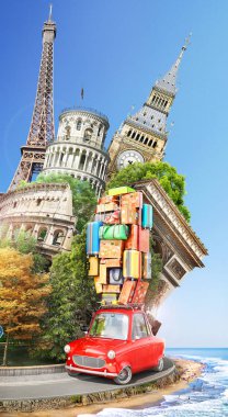 Seyahat kavramı. Eski model araba ile çatıda bavul dolu kırmızı seyahat konumlar. 3D çizim