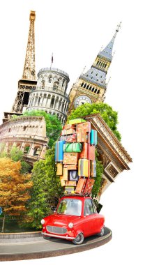 Seyahat kavramı. Eski model araba ile çatıda bavul dolu kırmızı seyahat konumlar. 3D çizim