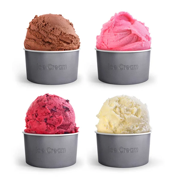 Набор разноцветного мороженого в бумажной чашке на белом бэкгро — стоковое фото