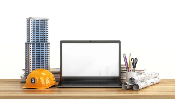 Layout della casa, progetti di disegno, casco e laptop aperto con blan — Foto Stock