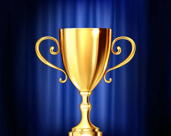 Coppa trofeo incandescente dorata su sfondo blu scuro. Illustrazione vettoriale realistica — Vettoriale Stock
