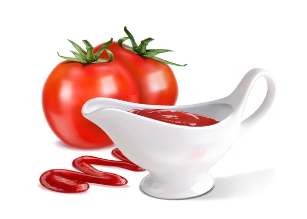Векторная иллюстрация, капля кетчупа, соус-лодка, помидор на белом фоне — стоковый вектор