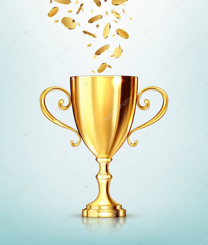Golden champion cup and falling coins. Realistic vector illustration