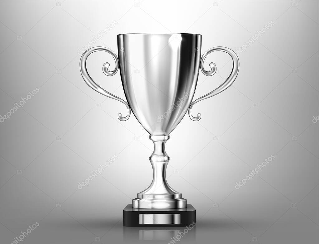 Champion silver trophy on gray background. Realistic vector illustration